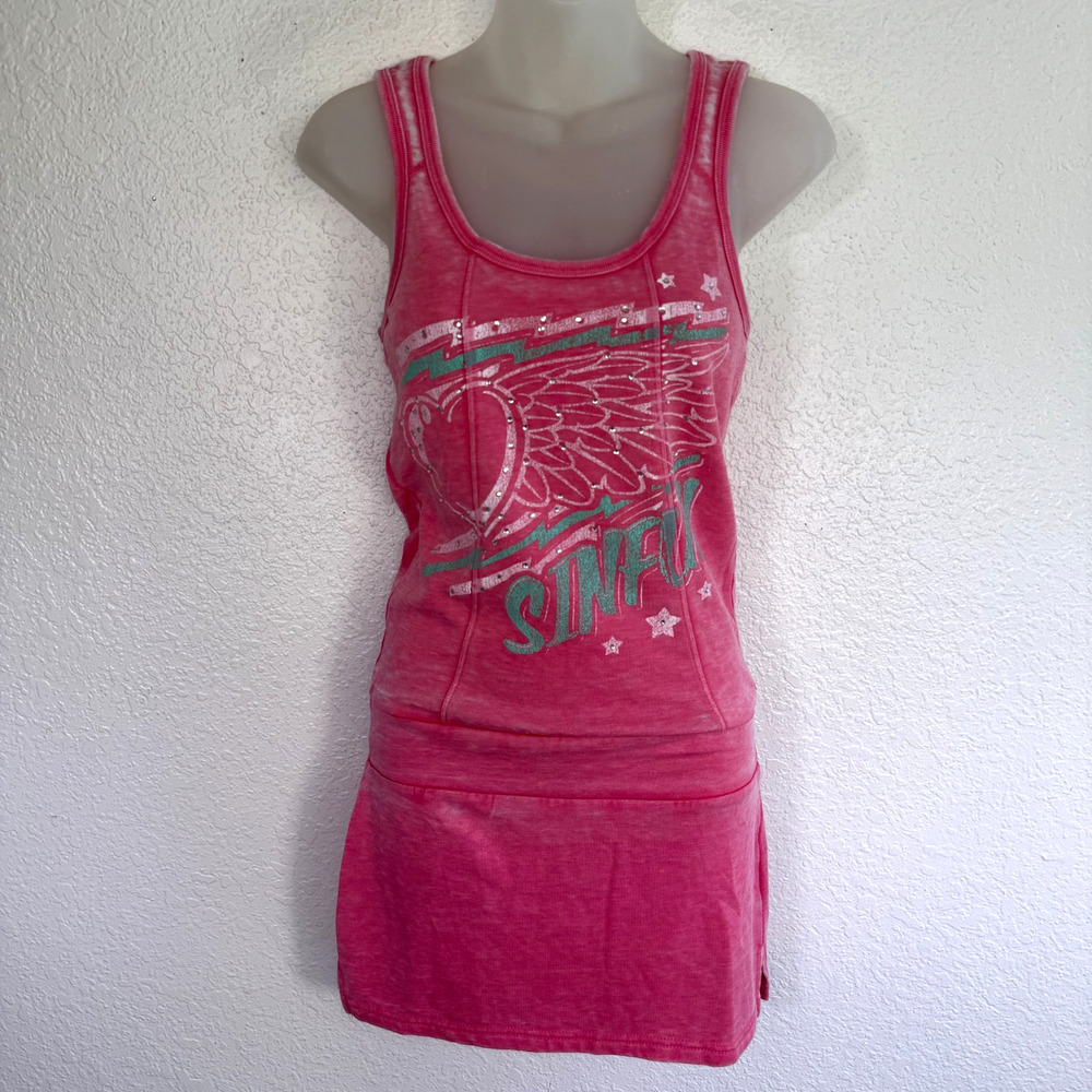 Sinful Affliction Y2K Dress Womens Medium Heart Wings Peace Burnout Mini Grunge